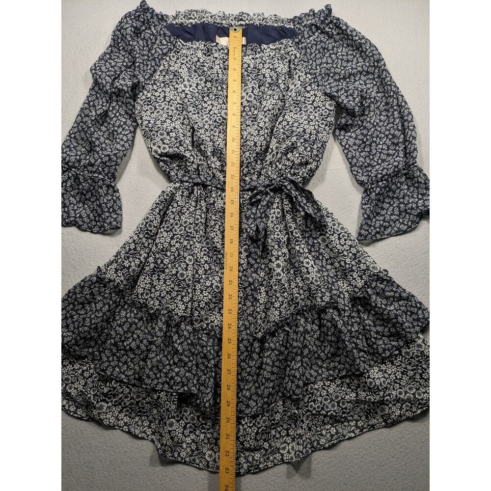 Loft Dress Women's Large Navy Blue White Floral Off the Shoulder Belted Chic EUC - Picture 6 of 10